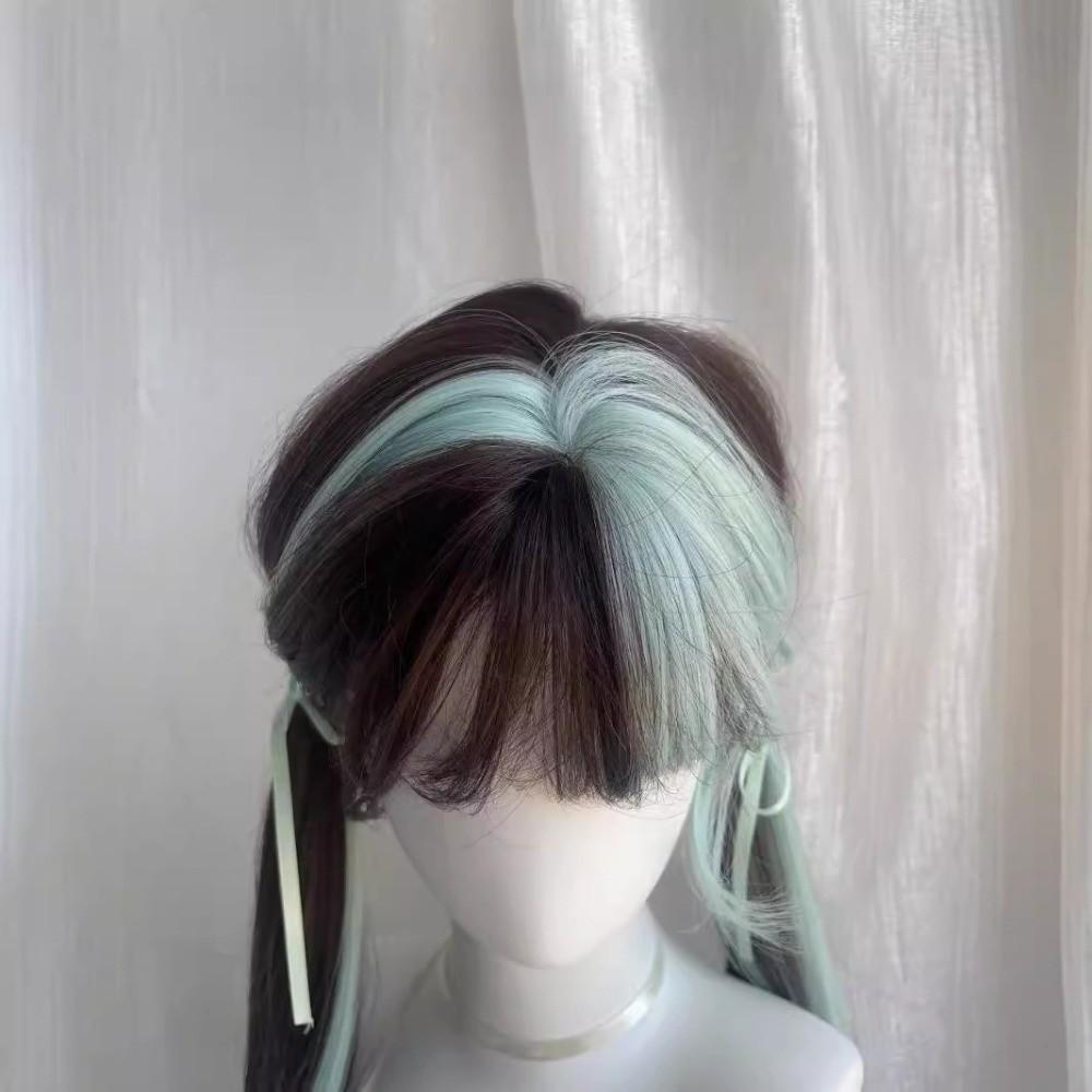 Cosplay Ombre Mint Green Brown Hair Fluffy Long Straight Wig with Bangs  Halloween