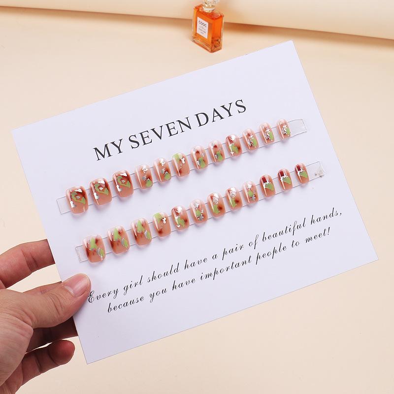 Wearable Ombre Green & Silver Amber Nail Stickers - Short Style, Removable Nail Art Tips