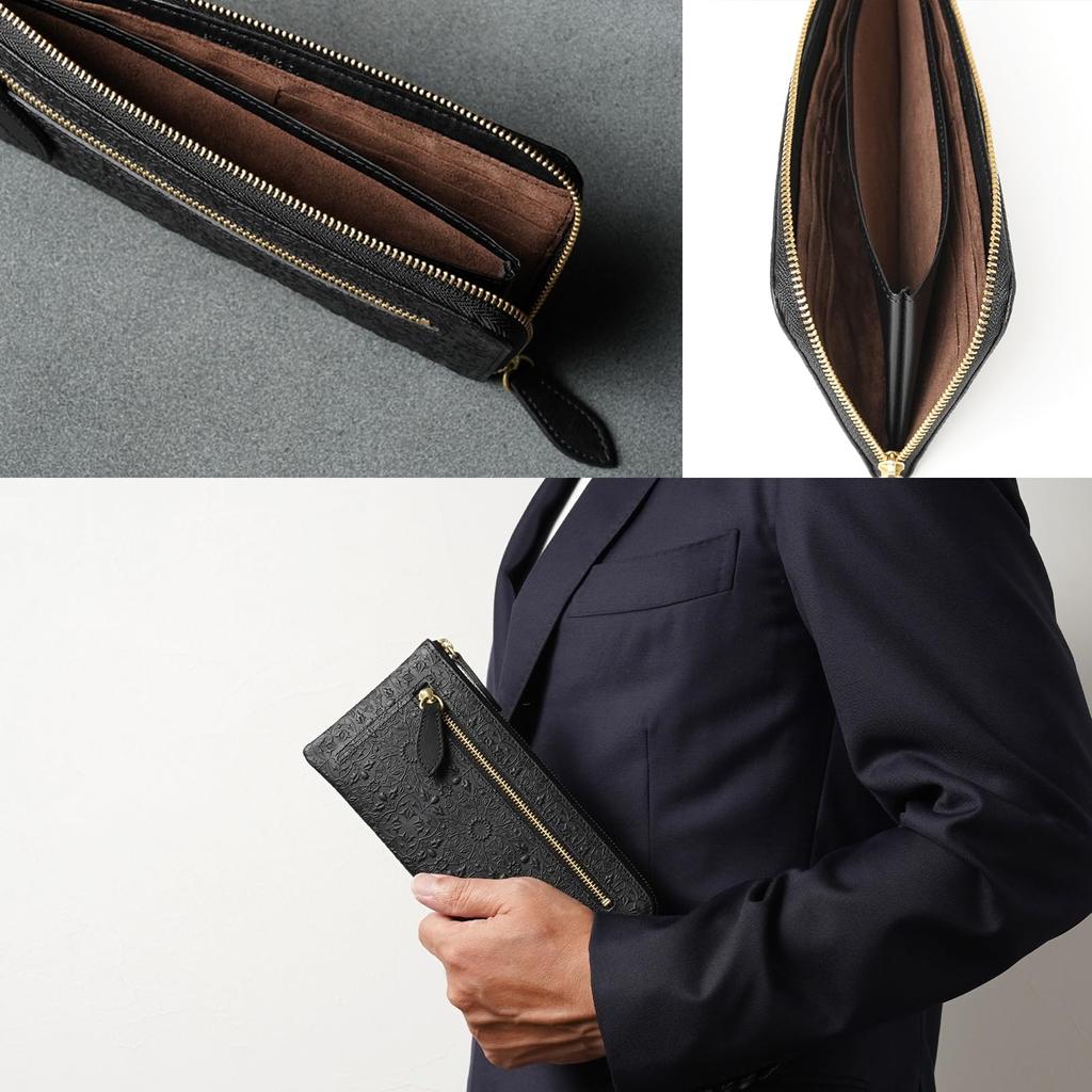 [HIRAMEKI.] Genuine Leather Wallet for Men and Women, L-Zip Long Wallet, Morris Classic, Slim, William Morris Art (Black)