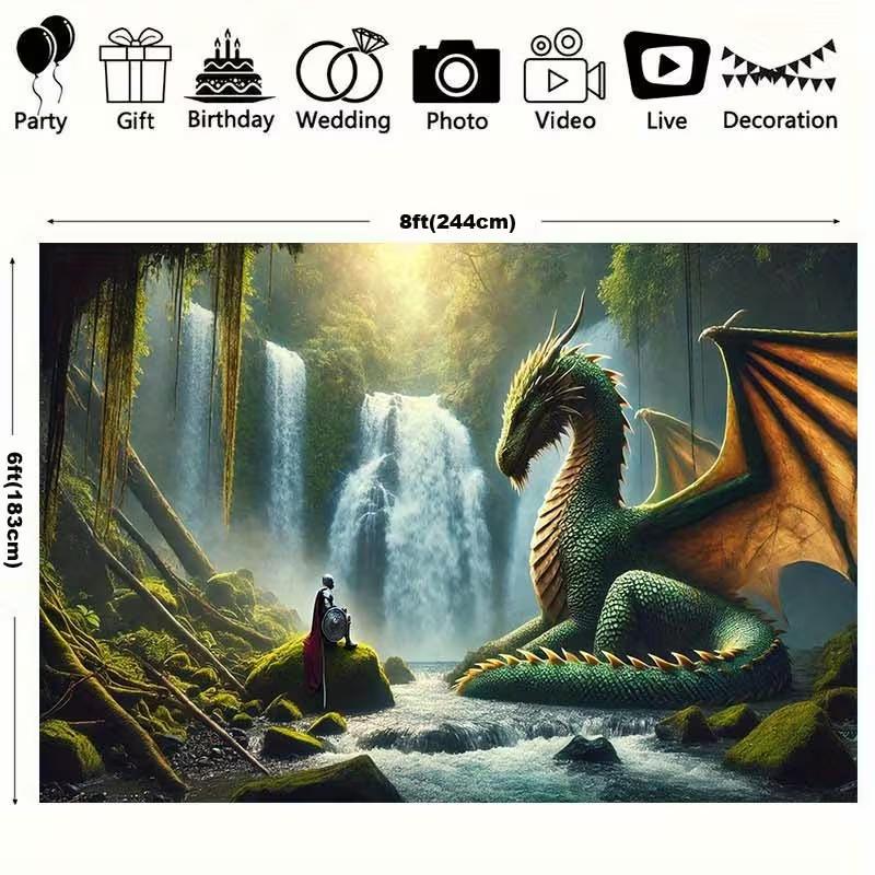 2D Fantasy Dragon & Warrior Tapestry Enchanted Forest Waterfall Background Cloth 47.2x31.5inch/120*80cm