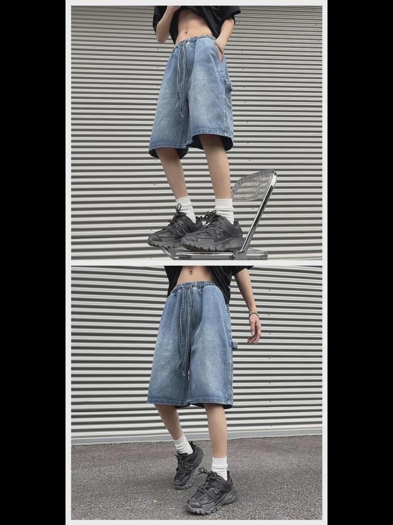 Męskie szorty dżinsowe hip-hopowe - luźny, prosty krój, jednolity kolor, swobodny styl na każdy mecz