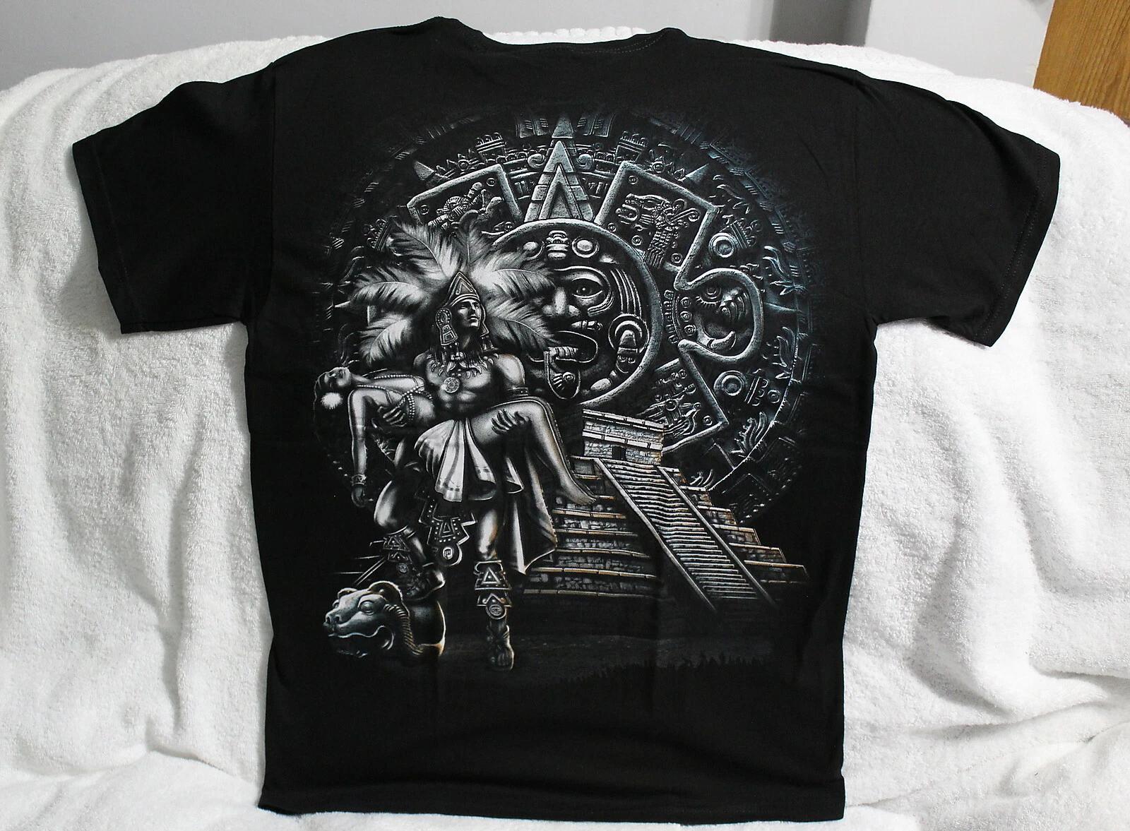 

AZTEC WARRIOR AND LADY AZTEC CALENDAR SUN STONE MAYAN PYRAMID T-shirt 4XL