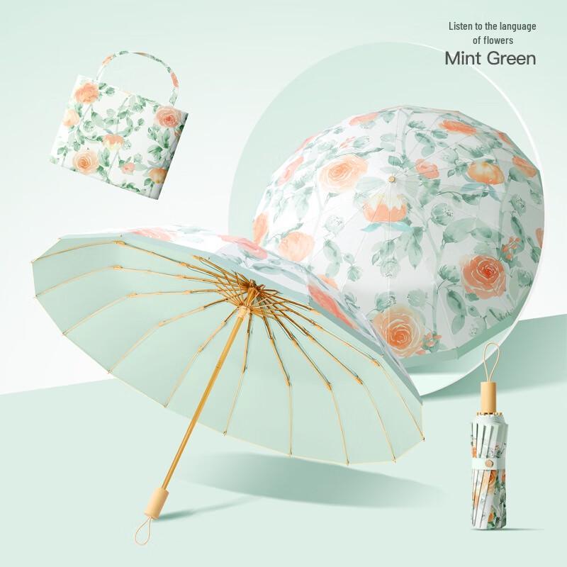 Zouyou 16-Rib Tri-Fold UV Protection Floral Umbrella