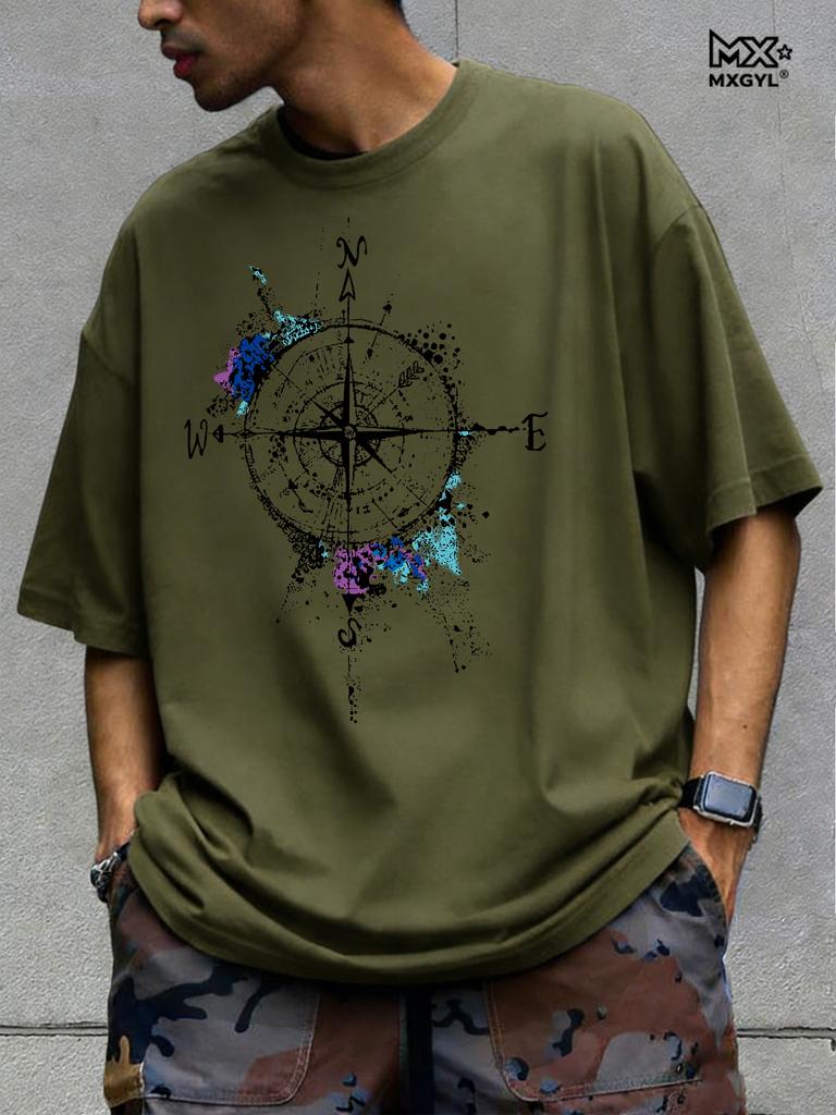 Men's Summer Cotton Fashionable Loose Casual Compass Pattern Printed Round Neck Short Sleeved T-shirt Breathable And Casual