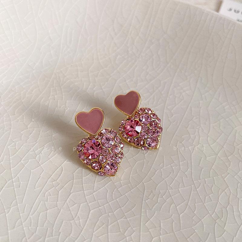 Sweet pink diamond love square earrings small fresh personality stud earrings Internet celebrity fashion earrings