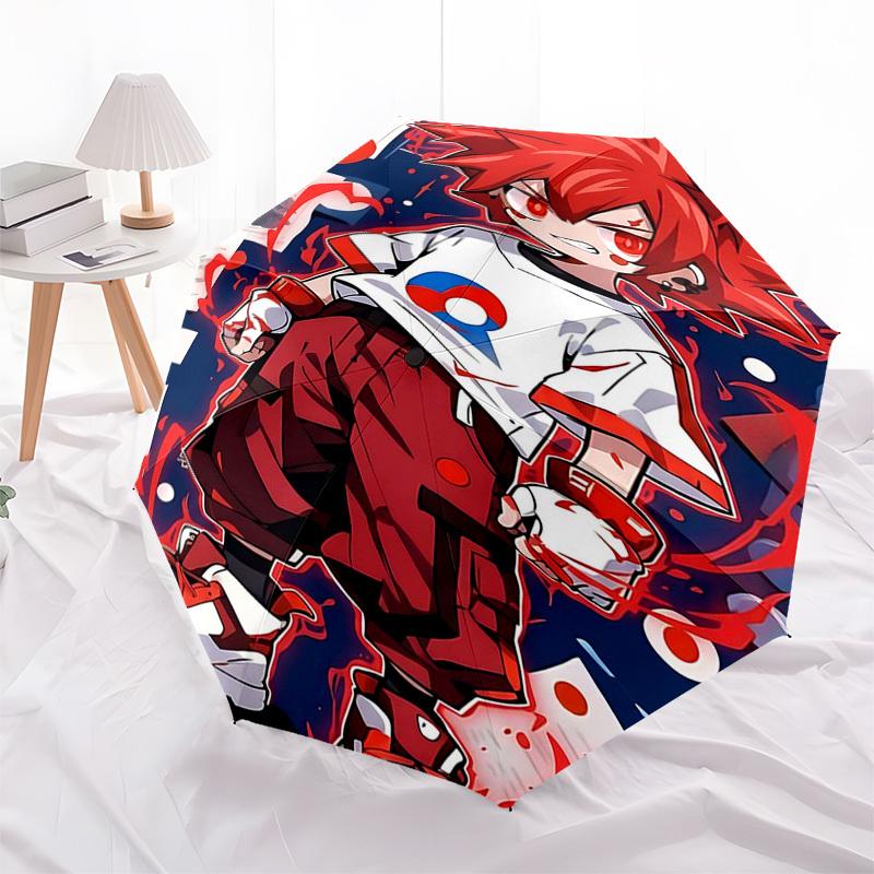 1pc Red-Haired Anime Character with Blue Circle Logo: Automatic Opening Folding Umbrella, 8 Bone Iron Frame, Portable Design for Outdoor Use, Ideal Gi