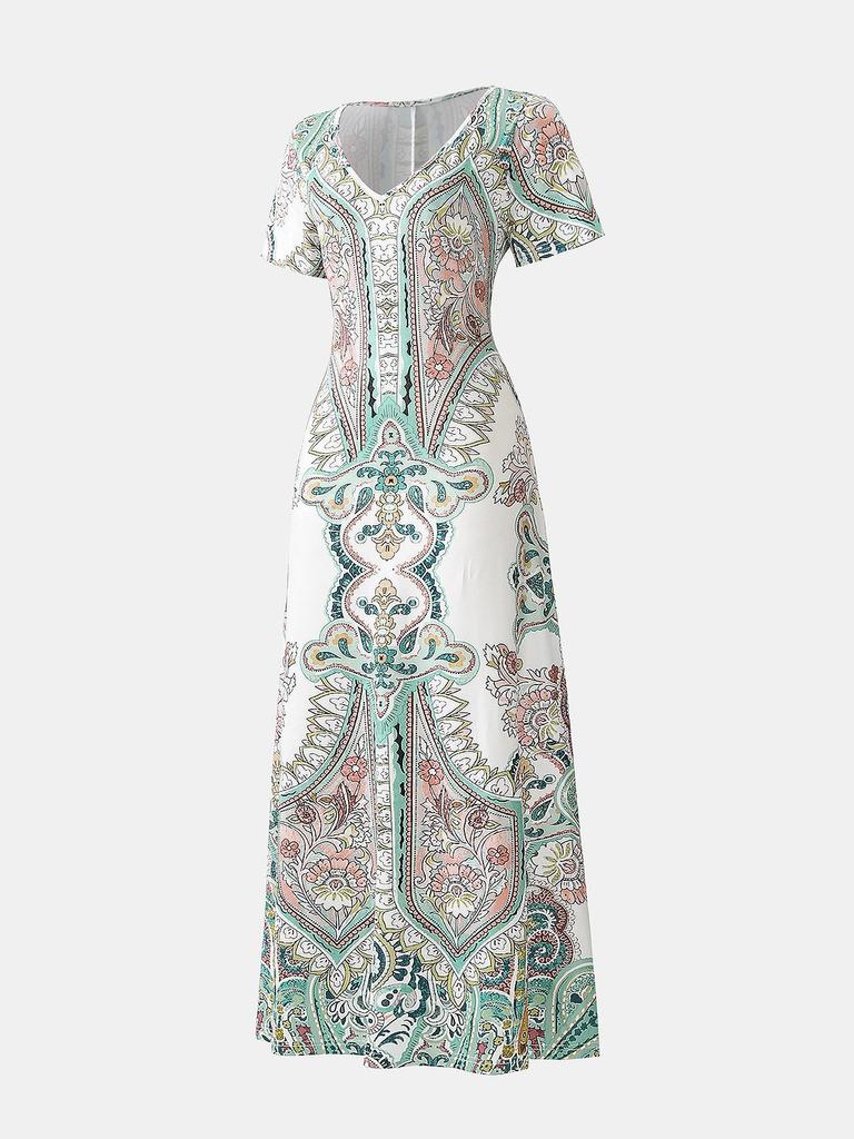 Böhmisches Langarm-A-Linien-Kleid mit V-Ausschnitt und kurzen Ärmeln