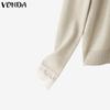 VONDA Autumn Winter Women Lace V Neck Long Sleeve Knitted Pullover Sweaters Jumpers
