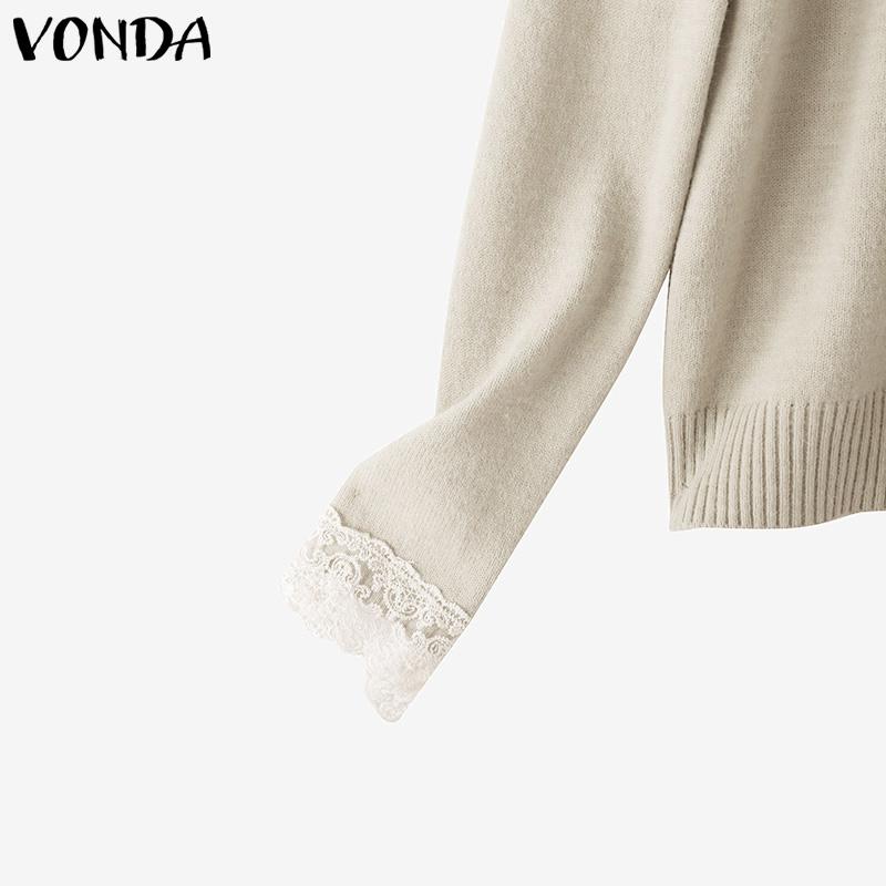 VONDA Autumn Winter Women Lace V Neck Long Sleeve Knitted Pullover Sweaters Jumpers