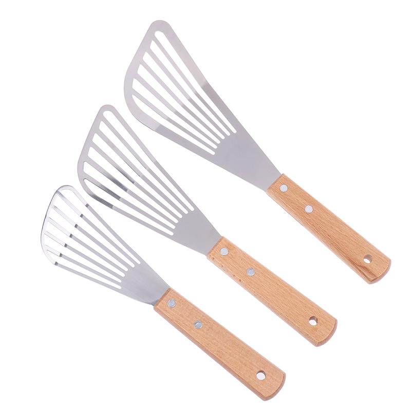 Stainless Steel Slotted Turner Fish Frying Shovel With Wooden Handle Fan-Shaped Shovel Household High-Temperature Frying Shovel