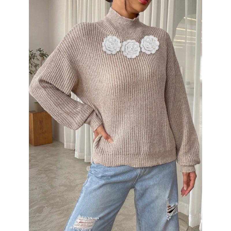 Women's Half-high Neck Pullover Sweater Three-dimensional Flower Splicing Velvet Autumn Winter Base Shirt