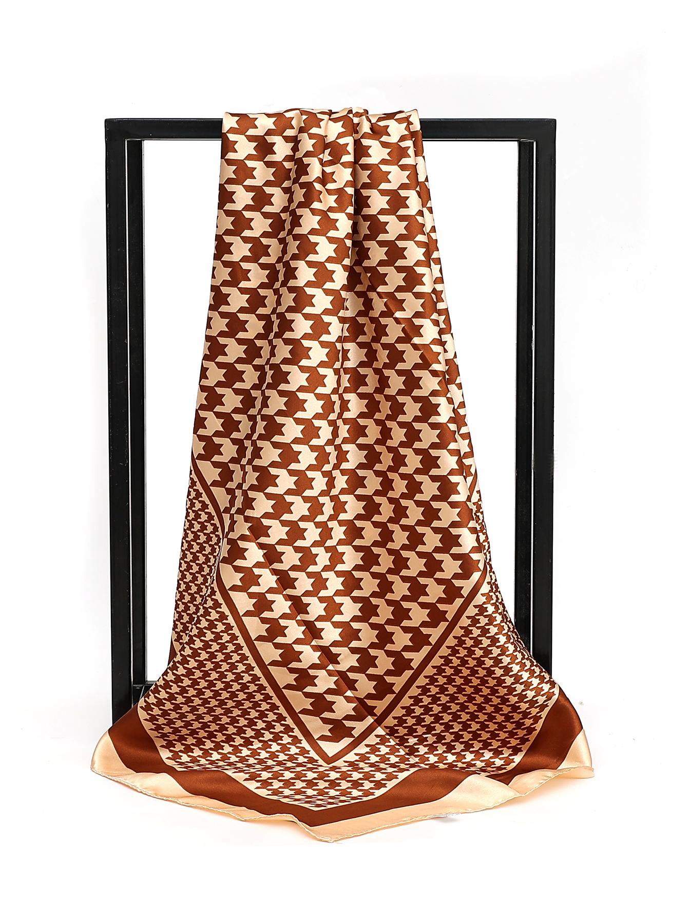 

90cm Square Simulated Silk Scarf Women Satin Plaid Print Hijab Scarves Muslim Pareo Bandana Female Shawl Wrap Headband Foulard 90x90cm хакі