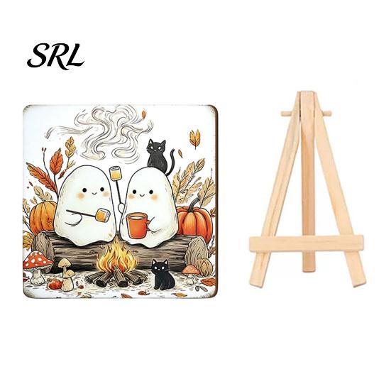 Festive Home Decor for October Halloween Wood Tabletop Sign with Mini Easel, Cute Pumpkin Ghost Decorative Party Table Centerpieces Plaque,