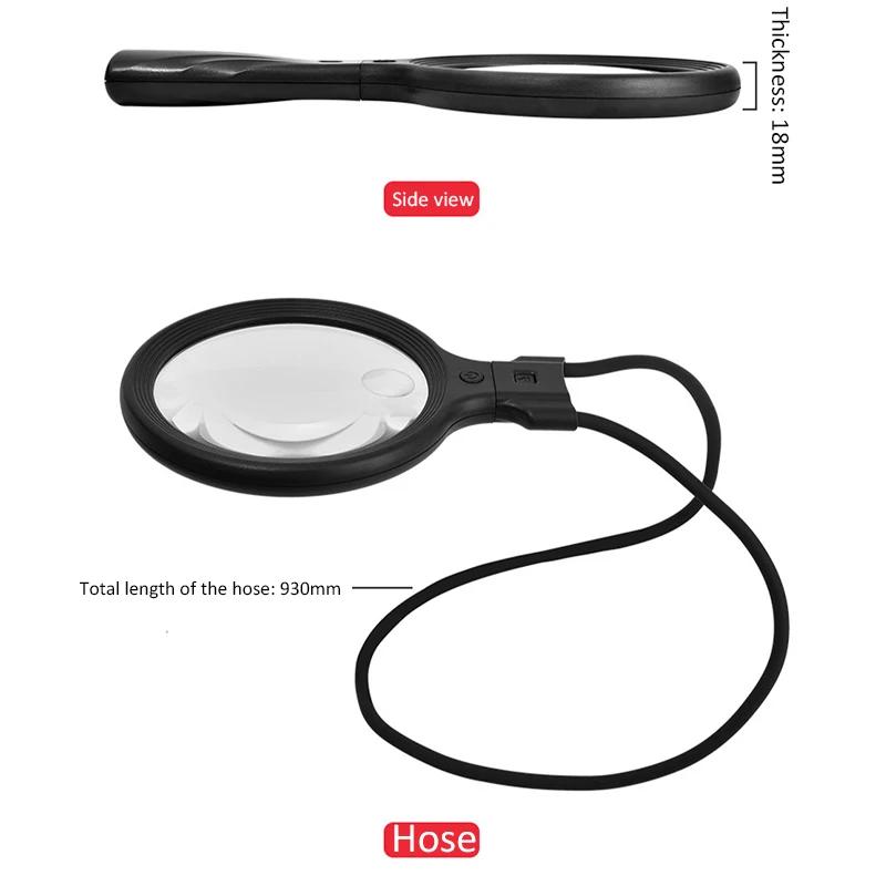 2-in-1 Neck-wearing/Handheld Magnifier Rechargeable Magnifying Glass 30 LEDs Hands Frees 5X 10X Magnification Glass for Reading