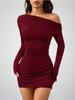 2026 Spring/Summer One-Shoulder Ruched Bodycon Dress - Women’s Long Sleeve, Sexy Slim Fit, Short European American Style