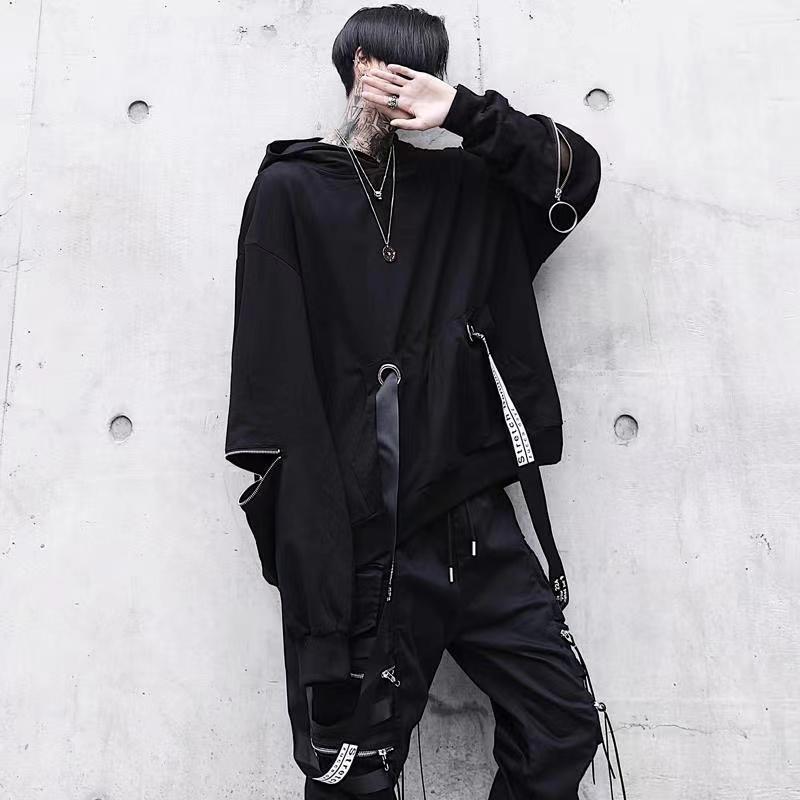 Herren Sets Schwarze Hoodies+Hosen Punk Grafik Reißverschluss Kapuzenpullover Cargohose Herren Übergroß Locker Streetwear Anzüge