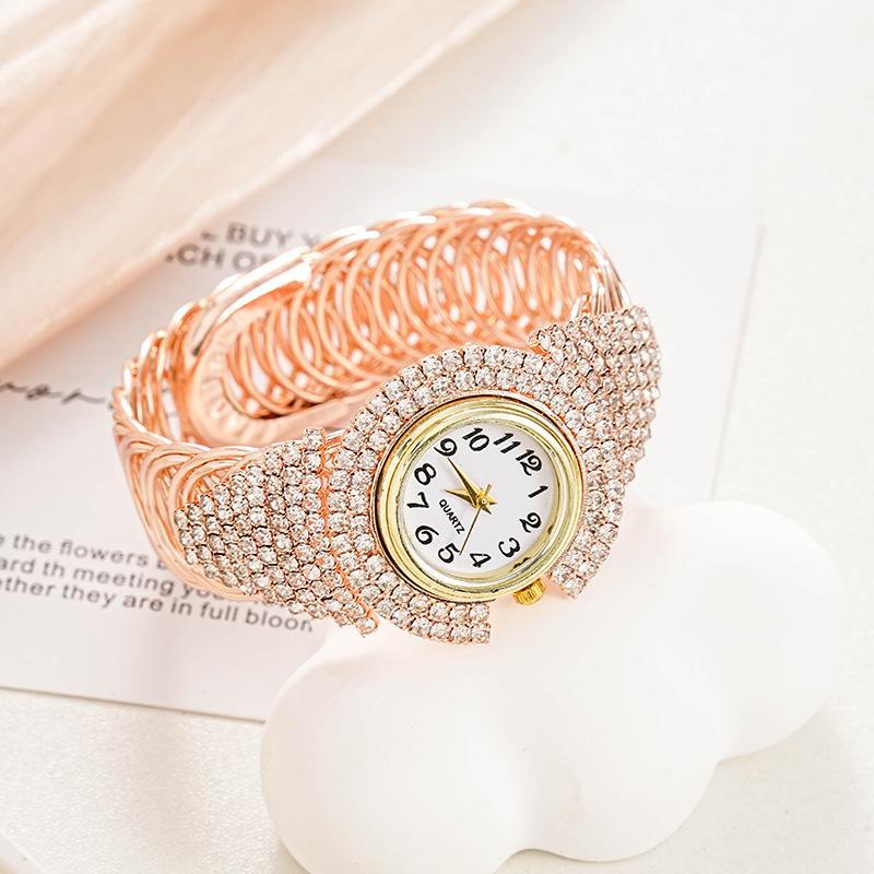 Women Elegant Bling Rhinestone Bangle Wrist Watch Metal Strap Quartz Analog Timepiece for Bridal Shower Gift Date Wear
