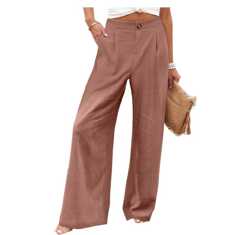 Pantaloni Lunghi Comodi a Vita Alta con Bottoni ed Elastico, Pantaloni Casual Larghi Dritti da Donna, Estate 2026