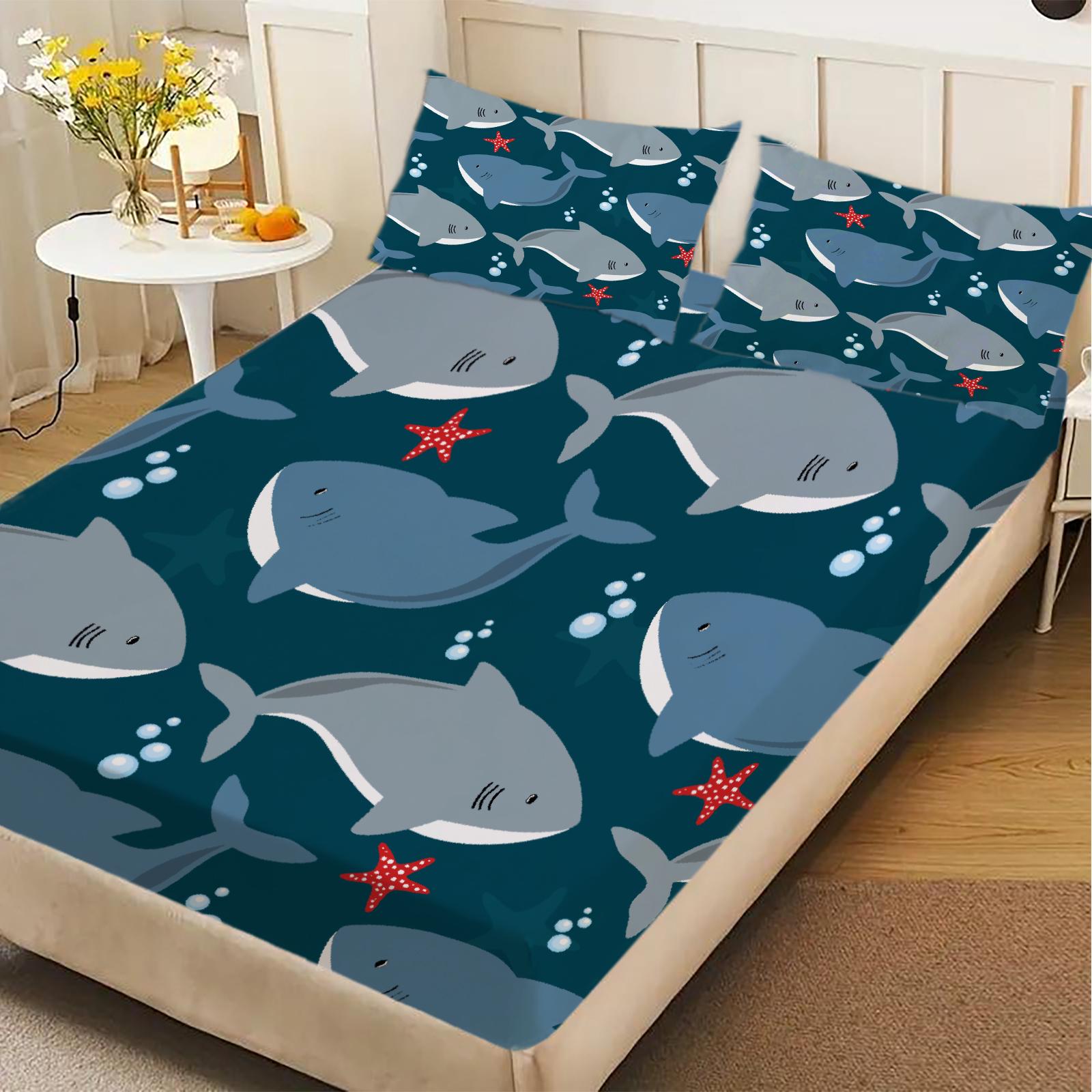 

3pcs Fitted Sheet Set Sharks Starfish Bubbles Ocean Blue Wrinkle Resistant Bed Sheet With Pillowcases For Bedroom Decor 99x190x25cm