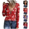 Women's Casual Pullover U-neck Zipper Printed Sweater Christmas Long Sleeve T-shirt