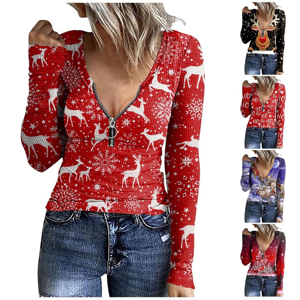 Women's Casual Pullover U-neck Zipper Printed Sweater Christmas Long Sleeve T-shirt