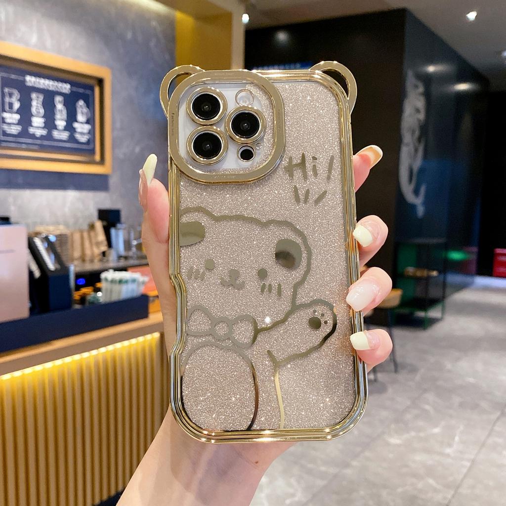 For iPhone 16 Pro Case Cute Bear Electroplating TPU Phone Cover with Gradient Glitter Paper