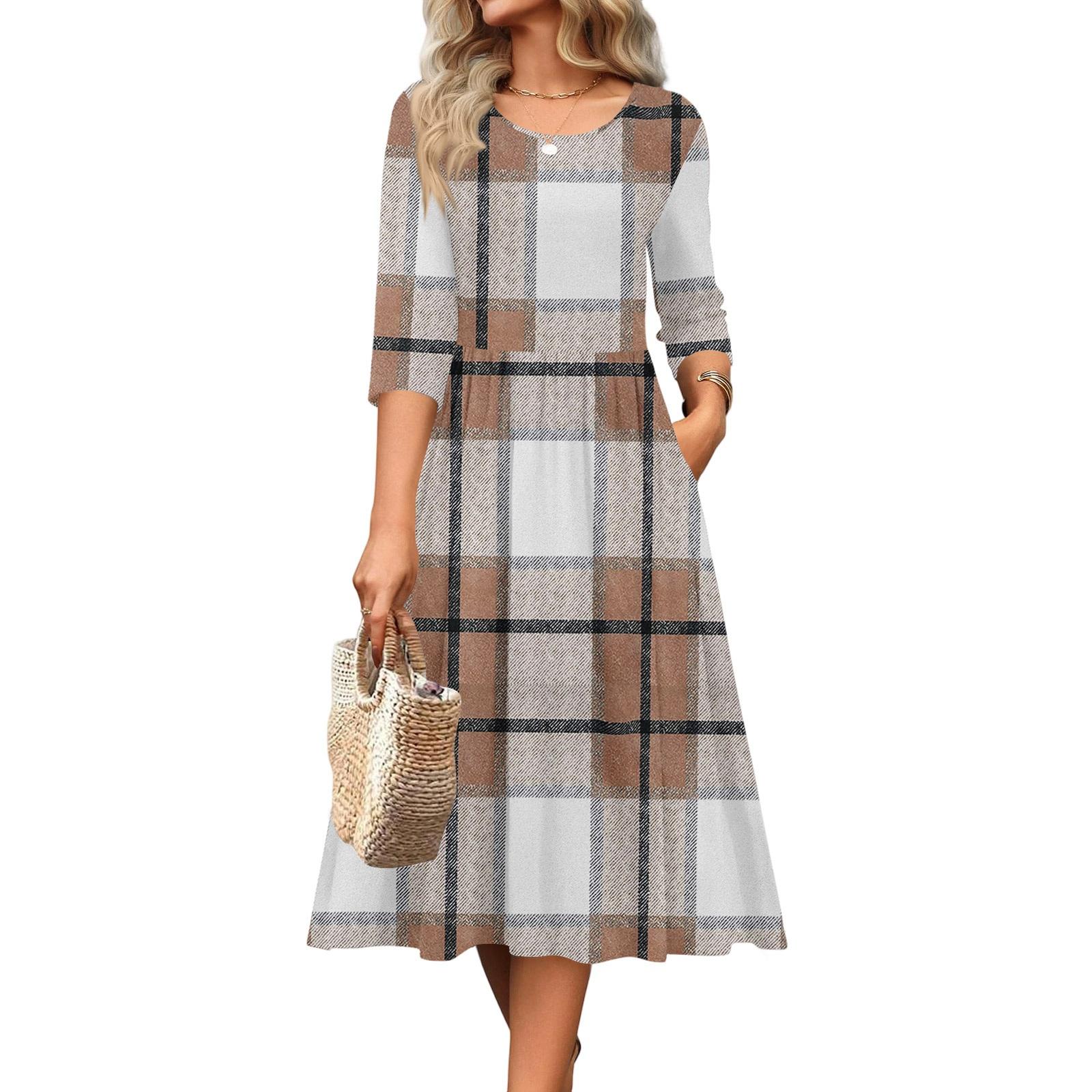 

Женское платье с рукавом 3/4, повседневное, свободное, А-силуэта, миди, футболка, с карманами, с круглым вырезом, для отпуска, в стиле бохо, пляжный сарафан XL