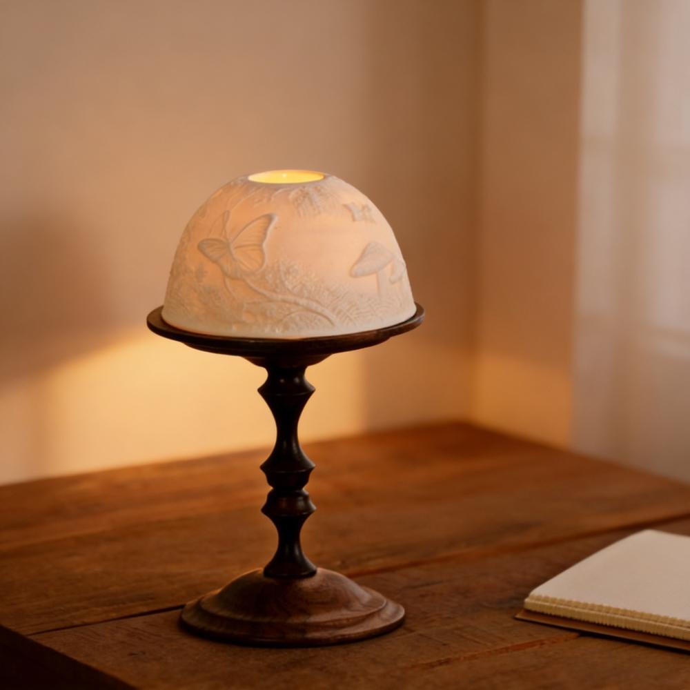 Home Retro North American Walnut Candlestick, with Bone China Ventilation Cover for Candle Decoration, Scented Table Ornament,