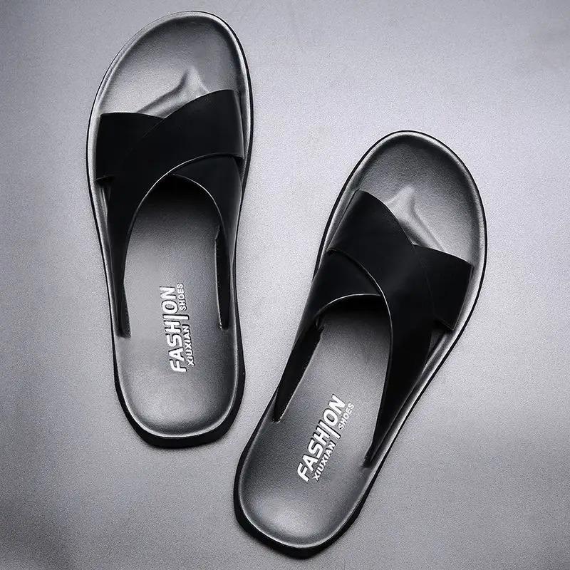 Men Slippers High Quality Cowhide Leather Slipper Fashion Casual Beach Slipper Soft Soled Flat Slippers Men's Flip Flops Sllides