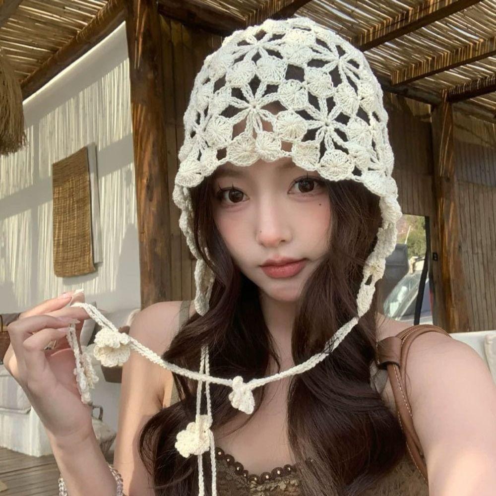 Tassel Hollowed Out Knitted Hat Floral Bohemian Style Beanies Cute Weave Cap Apparel Accessories