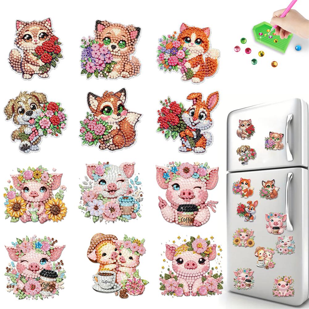 12PCS 2D Flat DIY Diamond Painting Refrigerator Magnet Round Diamond Crystal Refrigerator Magnet Diamond Art Kits for Home Decor