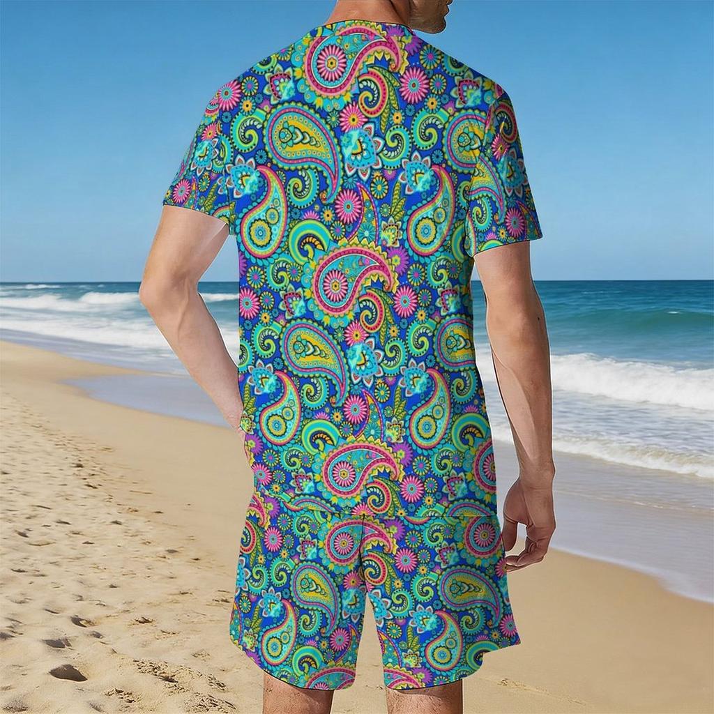 Men Full Black White Paisley Bandana Print Short Sleeve Tee And Matching Shorts Two Piece Outfit