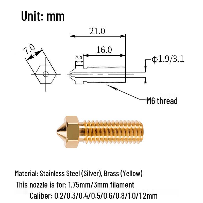 Stainless Steel & Brass Large Aperture E3D Volcano Nozzle, M6 Thread, 3D Printer Accessory