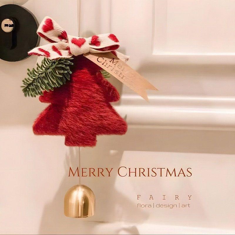 

Christmas Plush Bell Tree Ornament with Bow and Pine Branch for Door Handle Decoration