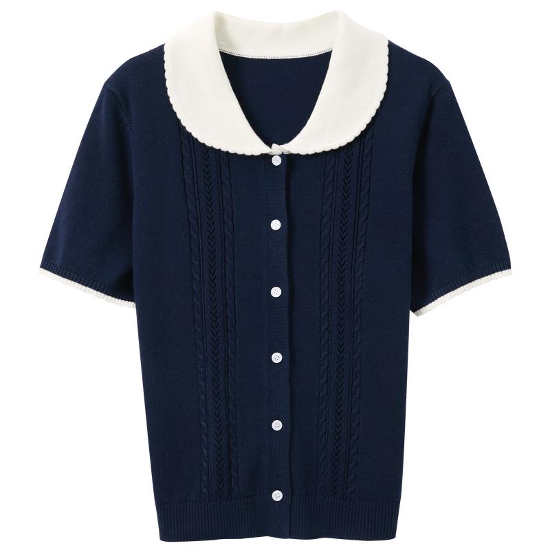 Plus Size Women's Short Sleeve Cable Knit Cardigan with Peter Pan Collar