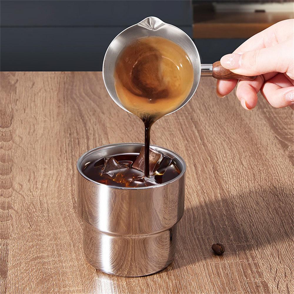 Walnut Handle Espresso Shot Glass 120ML Stainless Steel Measuring Cup With Spout And Scale For Barista