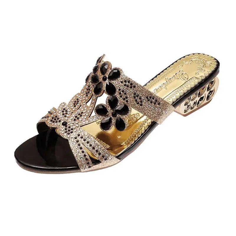 Fashion Rhinestone Women's Slippers and Ladies Sandals Low Heel Korea Style Pvc Vip Shoes Chic Elegant Price Slides On Promotion Unique