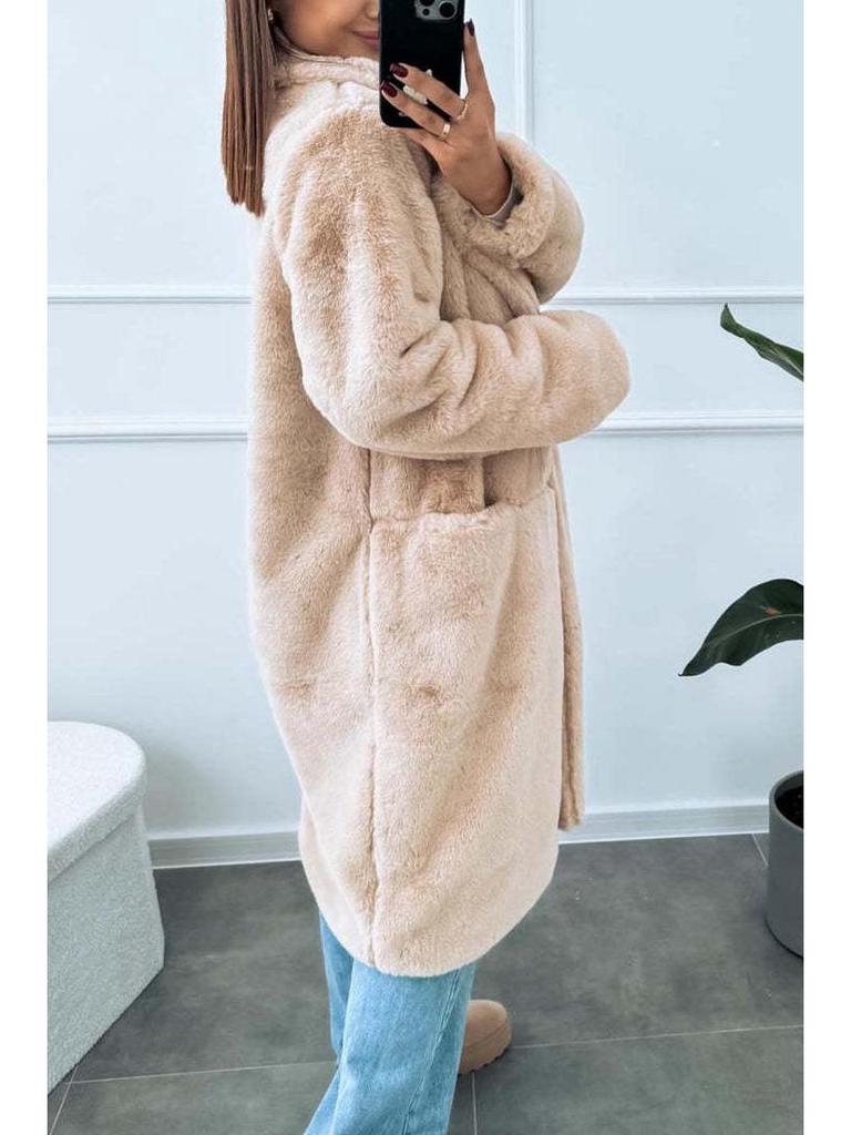 2024 Herbst/Winter Europäischer & Amerikanischer Lockerer Einfarbiger Plüschtaschen Langmantel