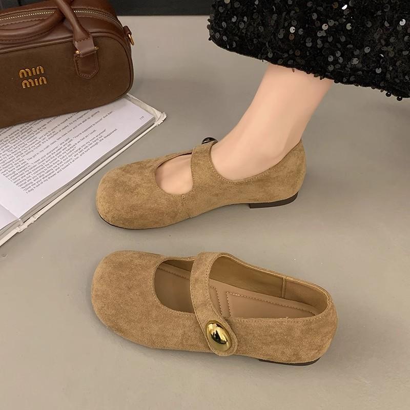 Retro Mori leather one-word buckle strap women's new cute round head Mary Jane flat shoes