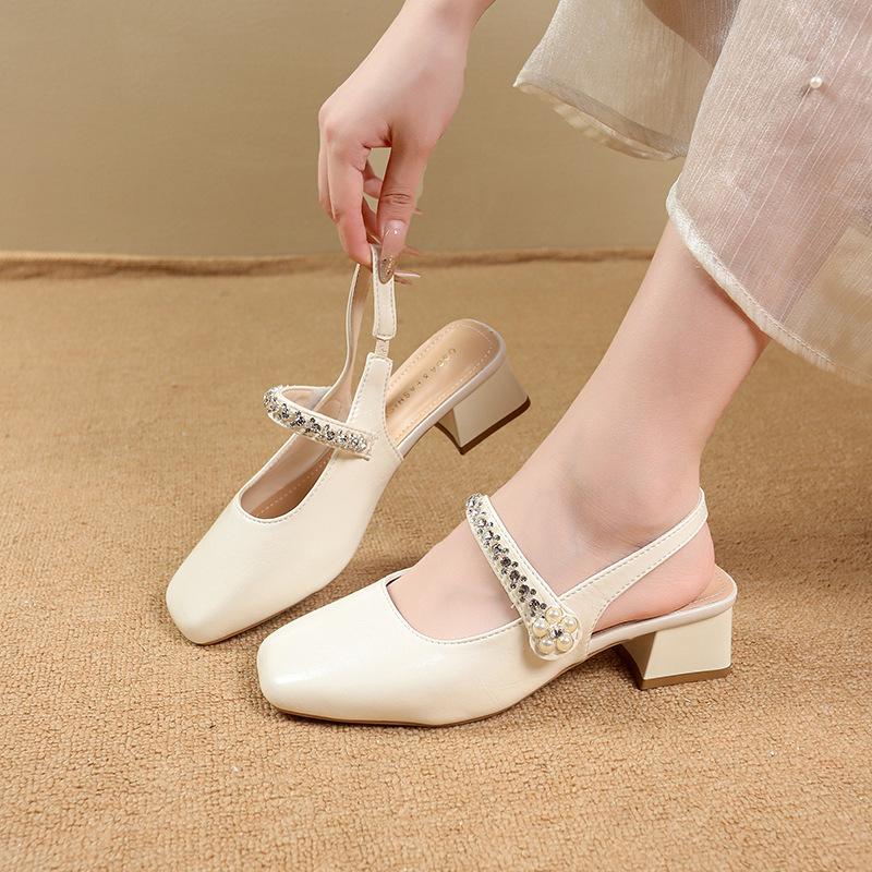 Thick heel Mary Jane bag head sandals female 2025 summer new fairy wind water diamond word with square head light mouth sandals