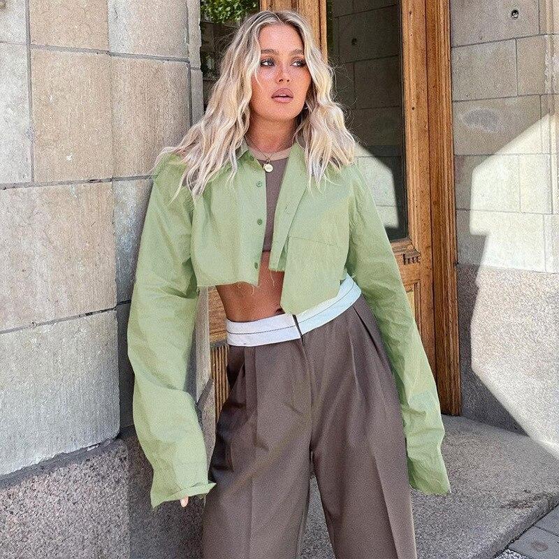 Autumn Fashion Chic White Women Blouse Sexy Lapel Long Sleeve Crop Shirts Lady Streettop Woman Blusas Clothing Pockets