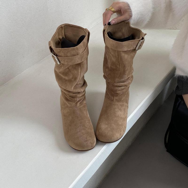 Inner Height Increase Small Suede Stacking Boots Medium Tube Knight Boots Women's Shoes 2025 New Autumn and Winter Medium Tube Boots Children