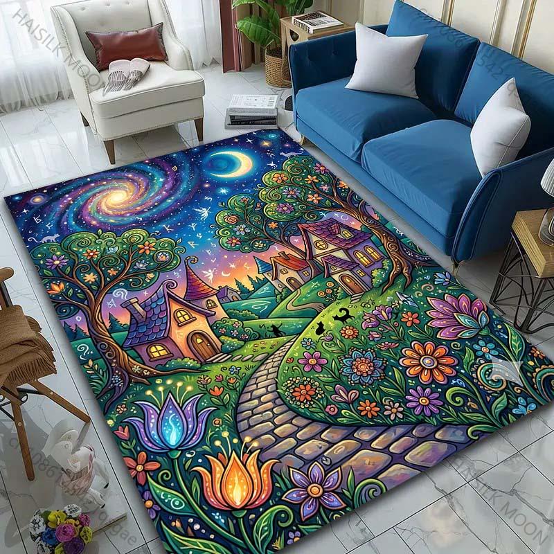 1PC Dreamy village starry path Print Carpet Rug for Living Room Bedroom Sofa Doormat Home Decor Non-slip Floor Mat