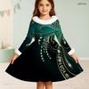 Girls Long Sleeve Black Gold Silver Printed Furry Neck Cuffs A Line Flared Dress