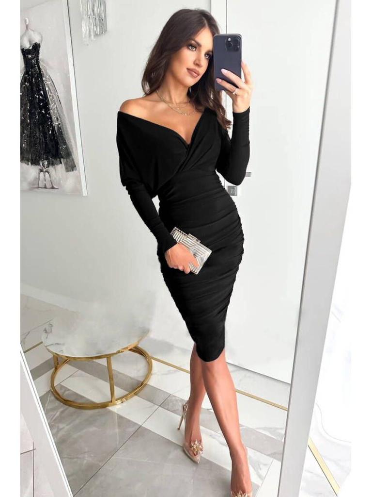 2022 Autumn/Winter V-Neck Long Sleeve Waist-Hugging Hip-Wrap Dress