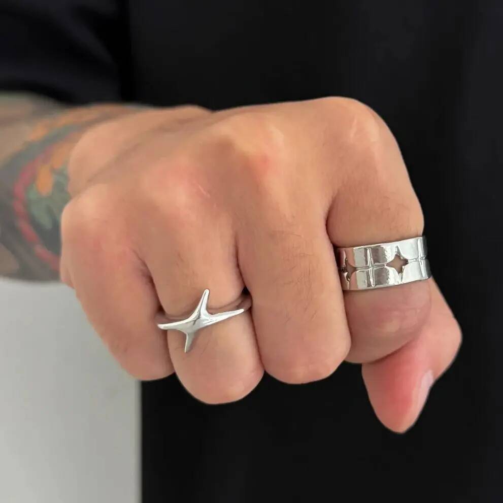 Salircon Punk Silver Color Cross Star Open Ring Women Men Fashion Hip Hop Metal Geometric Hollowout Finger Ring Y2K Jewelry Gift