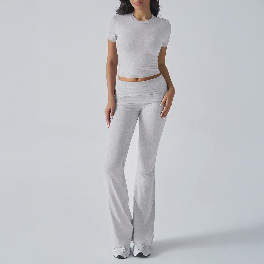 Diyun Women's Casual Solid Color Slim Short-Sleeved Long Pants Suit for Spring/Summer 2025