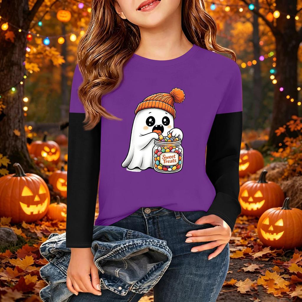 Kids Halloween Print Long Sleeve Neck T-Shirt Casual Top for Boys Girls