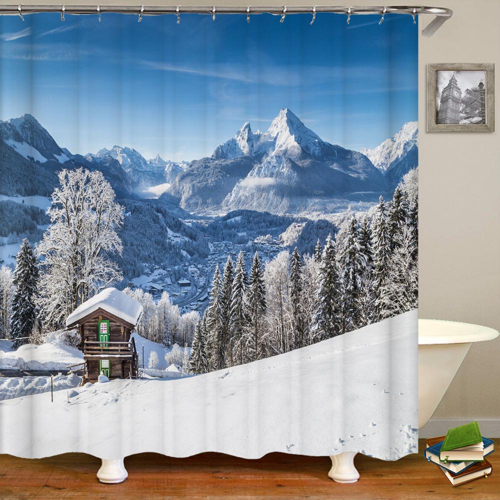 Natural Landscape Shower Curtains Bathroom Curtain Snow Scene Cedar Waterproof Polyester Bath Curtain Home Decorationwith Hooks