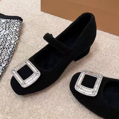 Square Toe Crystal Shallow Mouth Loafers Fur Shoes Woman Flats Rhinestone Dress Mary Janes Shoes Woman Flats Square Toe Shallow
